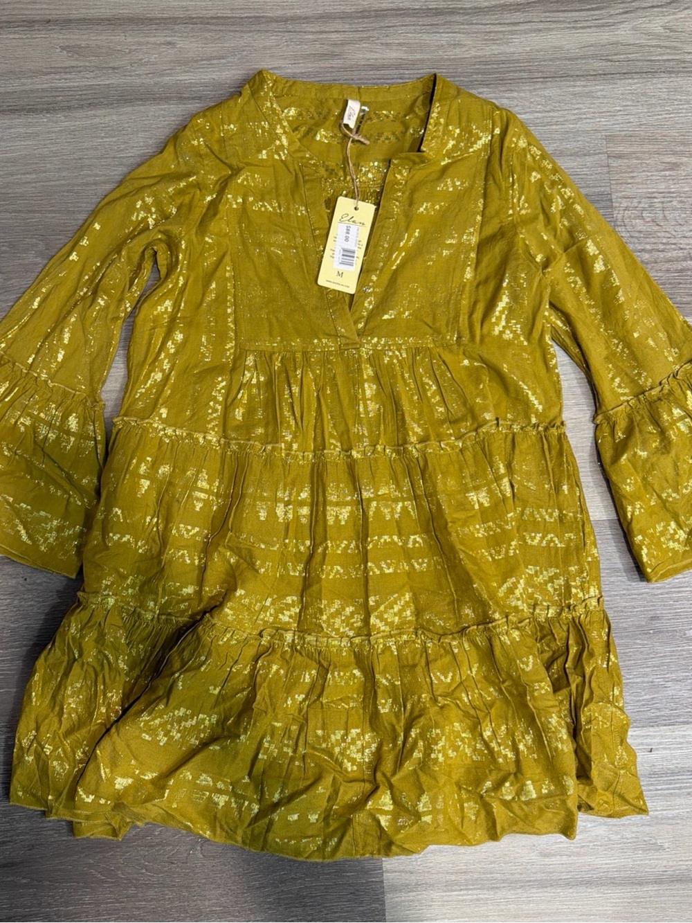 Elan Mustard Yellow Gold Tiered Tunic Dress Size Medium Bell Sleeve